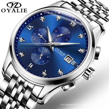 Montre homme marque de luxe OYALIE automatique montre-bracelet mécanique bande en acier inoxydable Date multi fuseau horaire hommes horloge